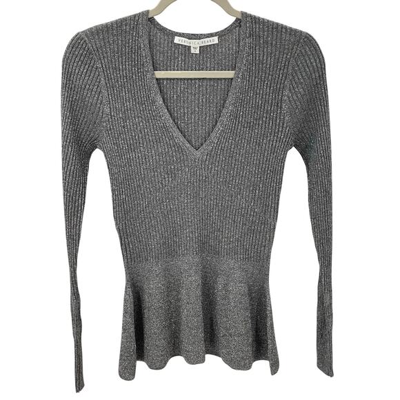 Veronica Beard Esmeralda V-Neck Peplum Pullover Top Silver Metallic S - Picture 3 of 9